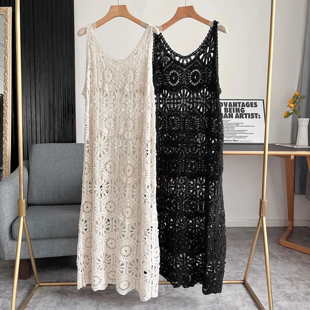 Vestido de Verão com Novo Design em Camadas, Colete e Saia Fena Solta Retro de Malha Vazada sem Alças Estilo Casual Cintu...