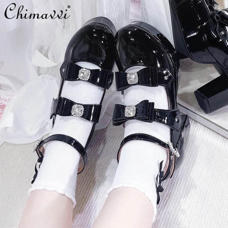 

Japanese Mine Mass-Produced Lolita High Heels Sweet Bow Buckle Round Toe Platform Heels Elegant Princess Leather Shoes Pumps