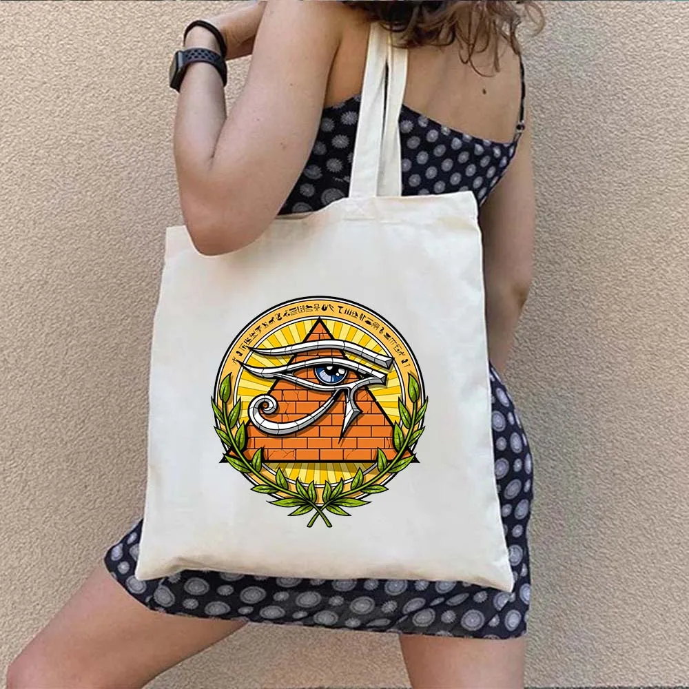 Ancient Egypt Landscape Totem Pharaoh Canvas Shopping Tote Bag Queen Atum Egyptian Pyramids Eye Of Horus Cotton Shopper Handbags