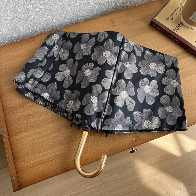 Black Flower Hook Sunscreen Triple Folding Umbrella for Women's Weather and Rain Dual Use Sun Umbrella