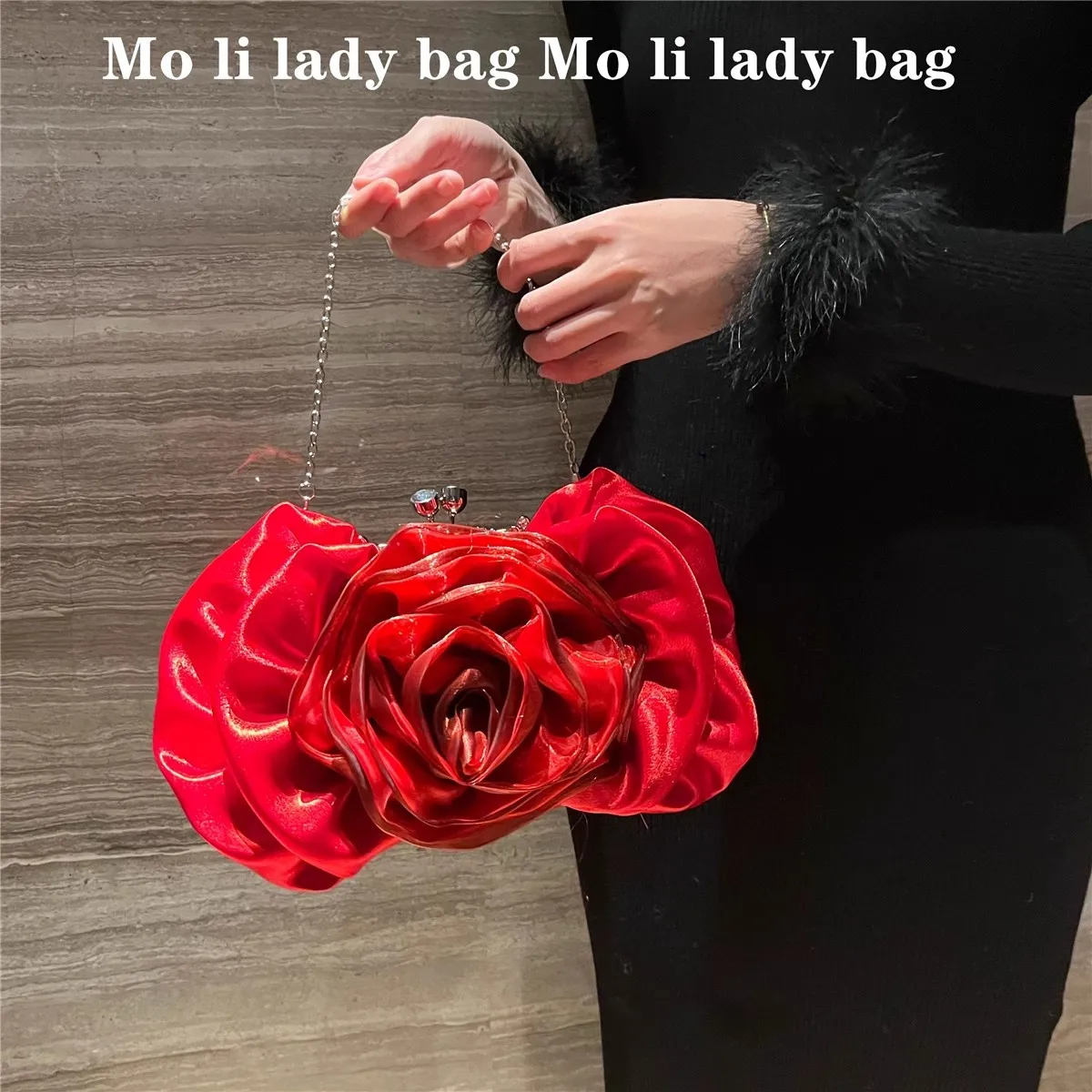 Luxury Satin Solid Color Evening Bag Wedding Rose Floral Clutch Purse Women Handbag Fashion Elegant Banquet Bag Shoulder Bag