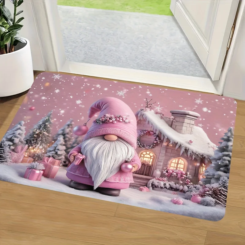 Pink Christmas Gnome Snowy Cabin Gift Ornament Snowflake Flannel Doormat Anti Slip Front Door Mat Holiday Entrance Decor Rug