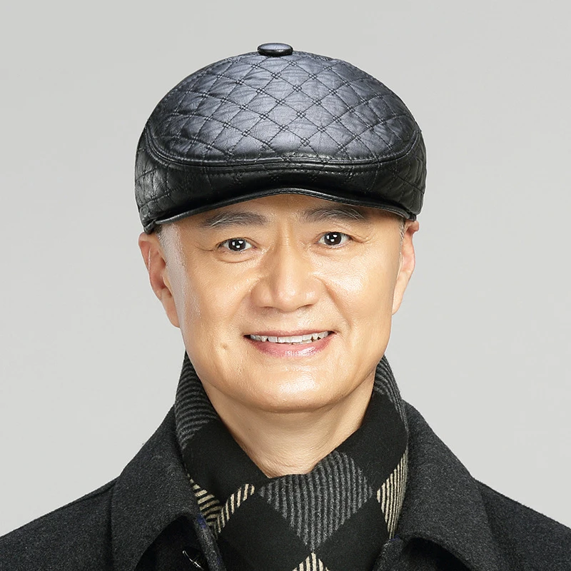 Men Beret middle-aged Elderly Imitation Sheepskin Pattern Quilted Plaid Duck Tongue Hatcold Warm Windproof Cap Hot