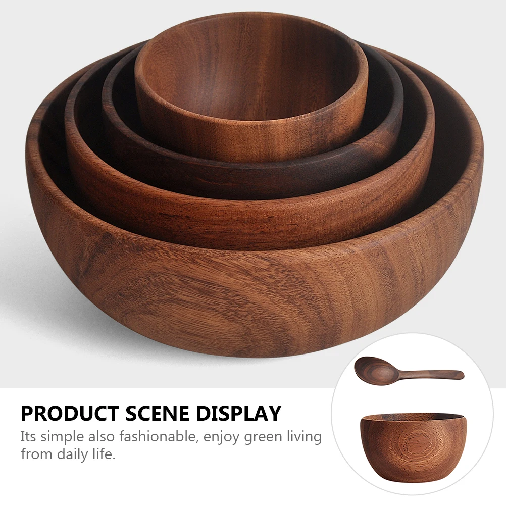 

2 Pcs Acacia Wooden Bowl and Spoon Set Bowls with Fruit Salad Dish Kitchen Container Serving