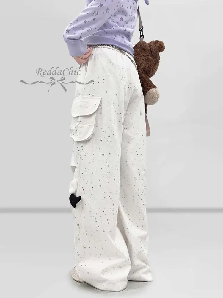 REDDACHiC Angel Wings Parachute Pants for Women Kpop White Drawstring Elastic Waist Star Sequin Baggy Cargo Pants Y2K Bottoms