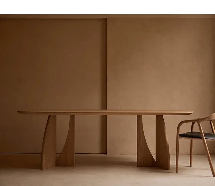 A Nordic log dining table Home desk Oak wabi wind solid wood Oval computer desk