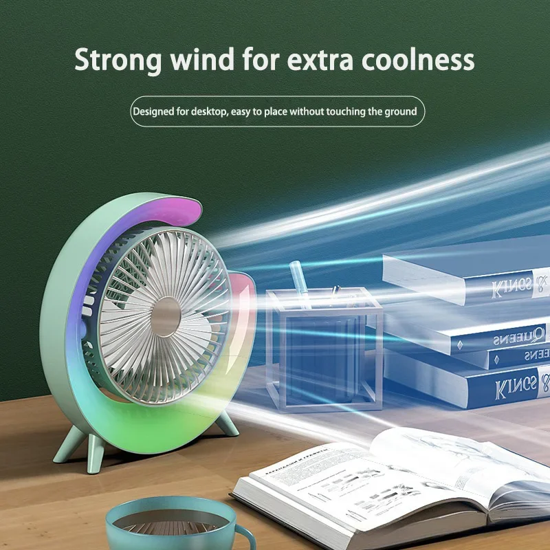 Ventilador Elétrico Portátil com USB LED Recarregável, 7 Cores, Ventilador Elétrico, 180 ° Ajustável, Verão Camping Fans, 3 Velocidades, Mini Ventilador, Casa Ventilador