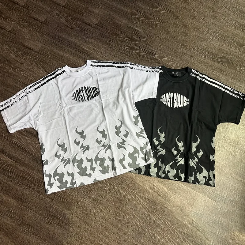 

Y2K Punk Vintage T-shirt Oversize Flame Pattern Printing Stripes Short Sleeve T-shirt Fashion Men Women Loose Casual Streetwear
