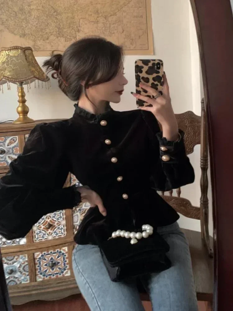 

Woherb Korean Vintage Lantern Sleeve Blusa Lace High Neck Pearl Button Black Slim Elegant Fashion Velvet Blouse Women Crop Shirt