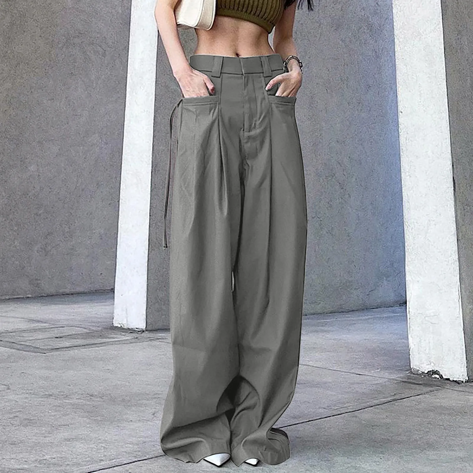 Shirring Casual Wide Leg Pants Women High Waist Street Basic Loose Sweat Trousers Korean Retro Gray Office Lady Pants