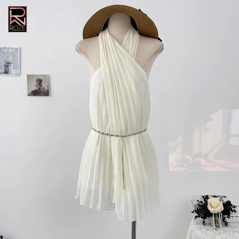 솔리드 패치워크 메탈 튜닉 시크 드레스 여성용 홀터 슬리브리스 미니멀리스트 시어 폴드 캐주얼 드레스 여성 패션 스타일