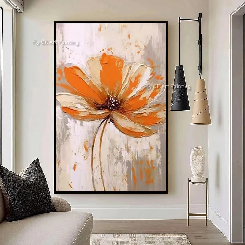 Large Abstract Orange Beige Flowers Canvas Home Wall Decor Items New Original Design Pink Grey Florals Oil Painting Simple Art