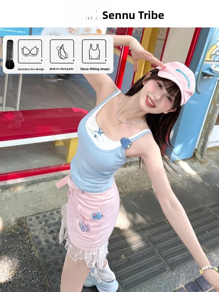 Blue Strapless Crop Top with Chest Pad Women's Summer Outerwear Vest Sweet Style Loose Fit Short Length Checkered Pattern