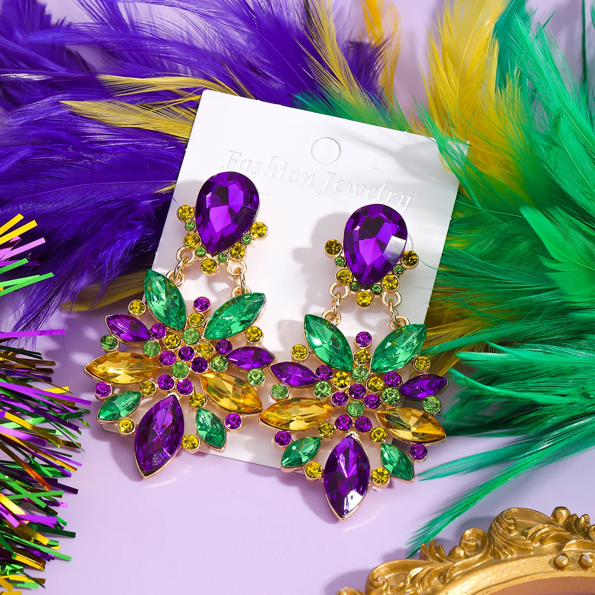 European and American Carnival Exaggerated Purple Green Charm Rhinestone Flower Dangle Earrings Banquet Jewelry Ear Accessories