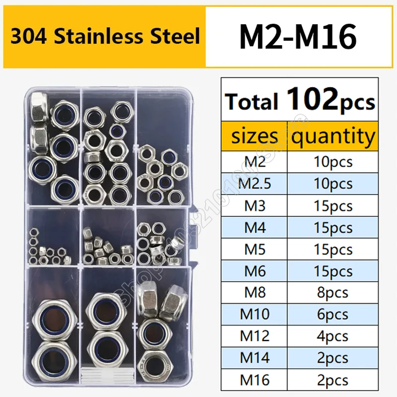 

102Pcs/set M2 M2.5 M3 M4 M5 M6 M8-M16 304 Stainless Steel Hex Nylon Insert Lock Nut Hexagon Self-locking Locknut Assortment Kit