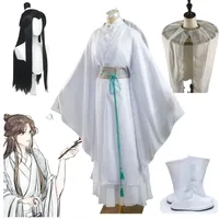 Tian Guan Ci Fu Xie Lian Anime Cosplay Costume Hanfu  Elegant Bamboo Hat Wig White Uniform Halloween Disfraz Comic Con Full Set