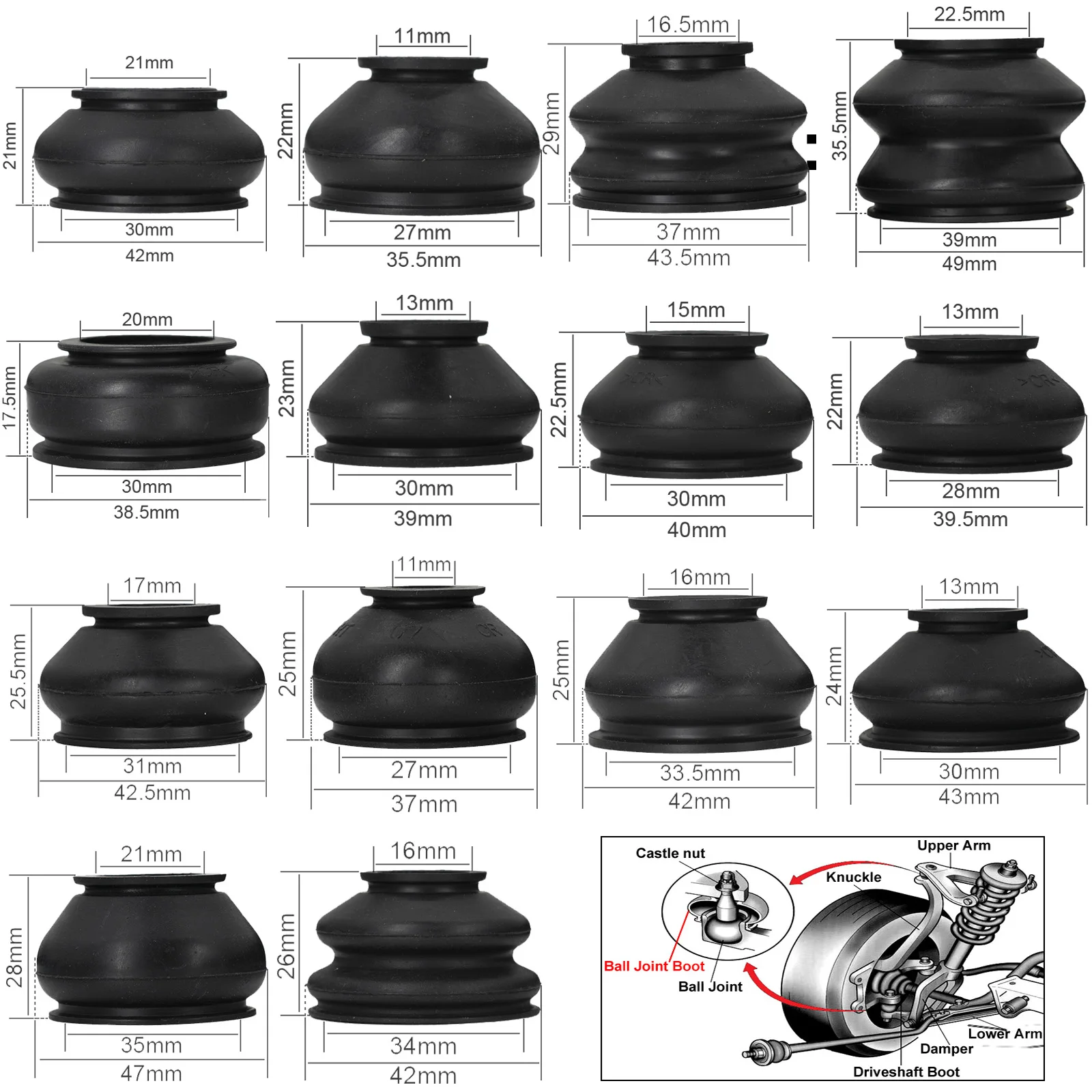 14Pcs Universal Turn To Rod Arm Ball Joint Head Dust Protection Rubber Cover Track For Car Suspension Steering Parts Accessories