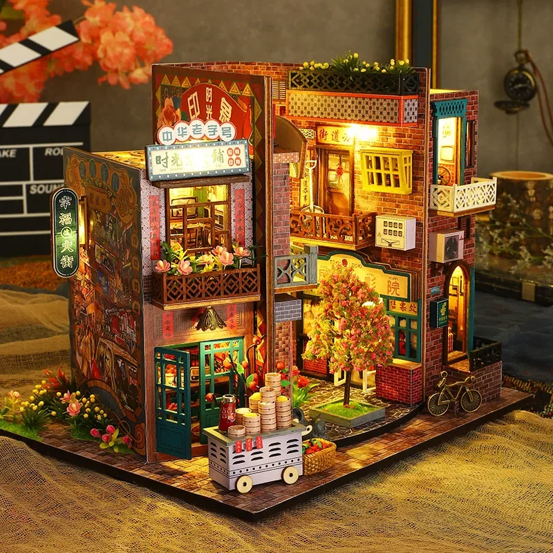 

DIY Book Nook Shelf Insert Kit 3D Wooden Bookends with LED Light Miniature Dollhouse Puzzle Adults Gift Creative Bookshelf Decor