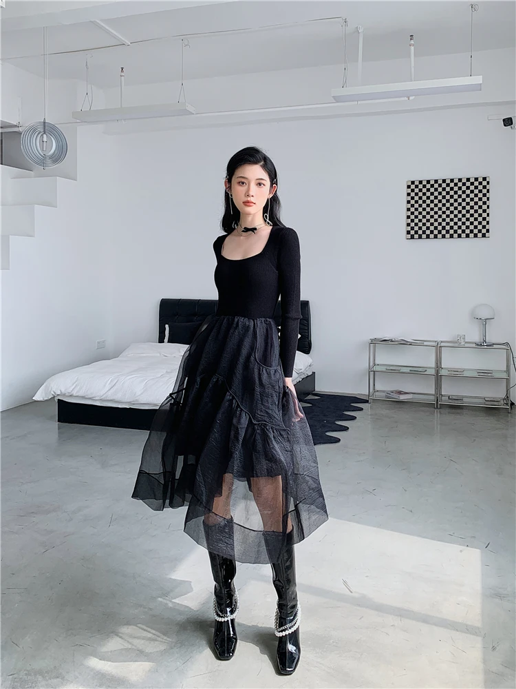 CHEERART สีดำแขนยาวชุดไปงานเต้นรำ Tulle ชุดผู้หญิง2023คอยาว Tunics เสื้อ Patchwork ตาข่าย Gothic