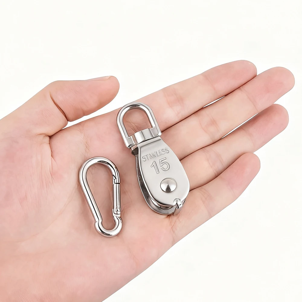 304 Stainless Steel M15 Single Pulley Block Wire Rope Hanging Wire Towing Wheel with Spring Snap Hook with 360° Rotation