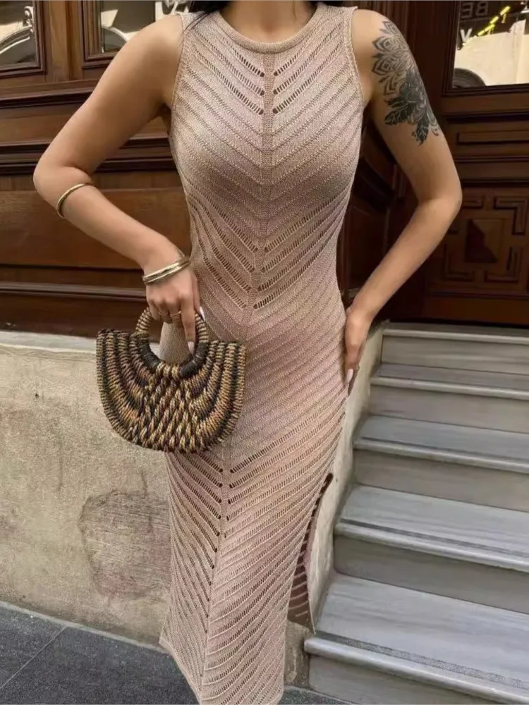 

New Model Of Slim-fitting Sexy Dress For Women In Spring And Autumn, Elegant Hollow Sleeveless Round Neck Knitted Long Dresses