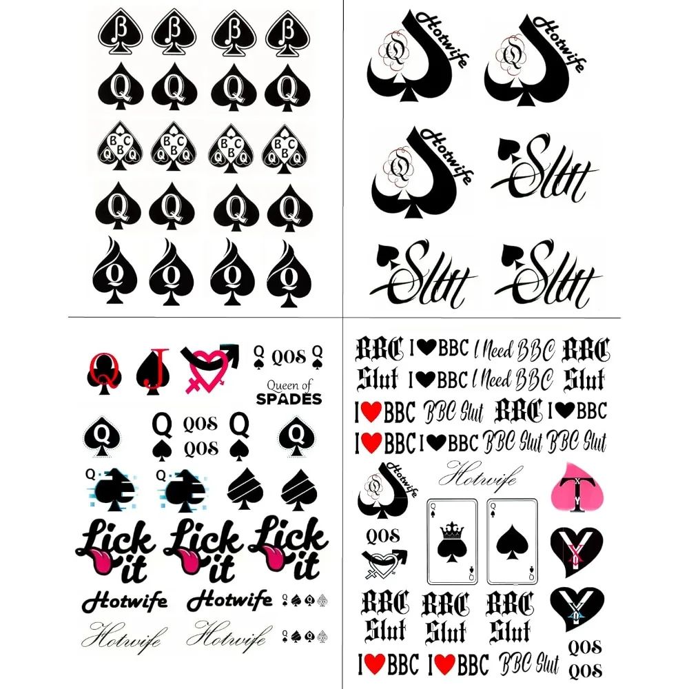

4 Pieces of Queen of Spades Temporary Tattoo Stickers Total 81 (15X21cm) Hardcore Words Phrases