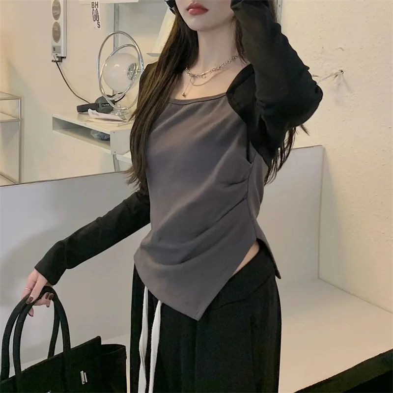 Shoulder Long Sleeve Top Women's Contrast 2023 New Versatile Fashion Advanced Slim Fit Spring Pure Short Commuter T-shirt P57