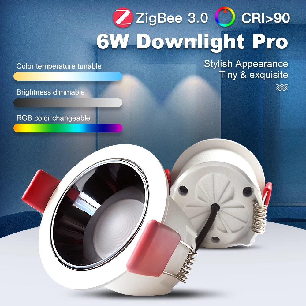 Gledopto Zigbee 3.0 6W RGB+CCT LED Downlight CRI 90 Smart Ceiling Light Recessed Lamp AC100-240V 2.4G RF Remote Voice Control