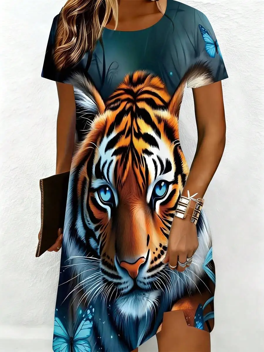 

Womens Plus Size Casual Dress With Blue Tiger And Butterfly Print