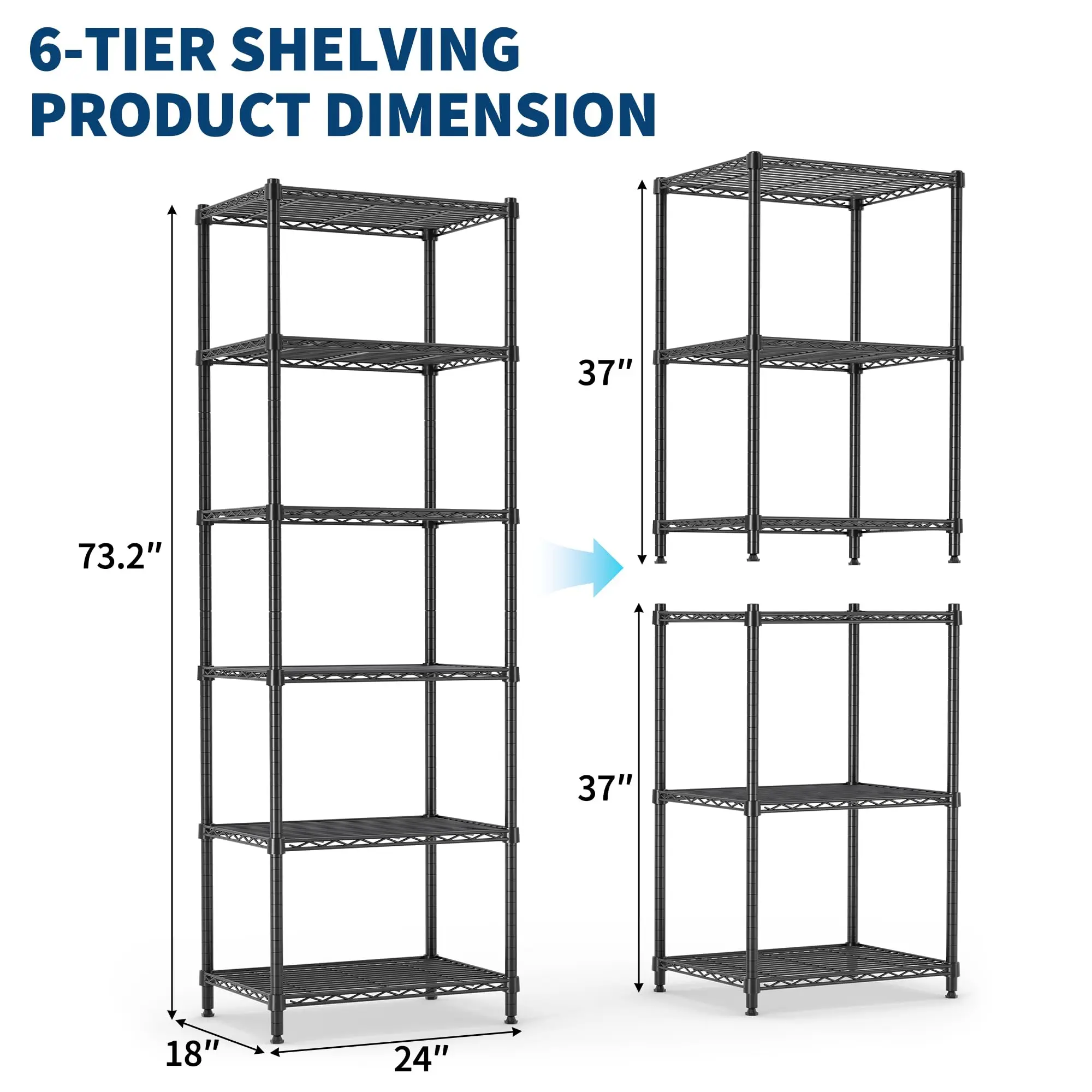 6-Tier Adjustable Metal Wire Storage Shelving Unit, Heavy Duty Black Steel Wire Rack, Multi-purpose Storage Organizer for Kitchen Pantry Garage Basement
