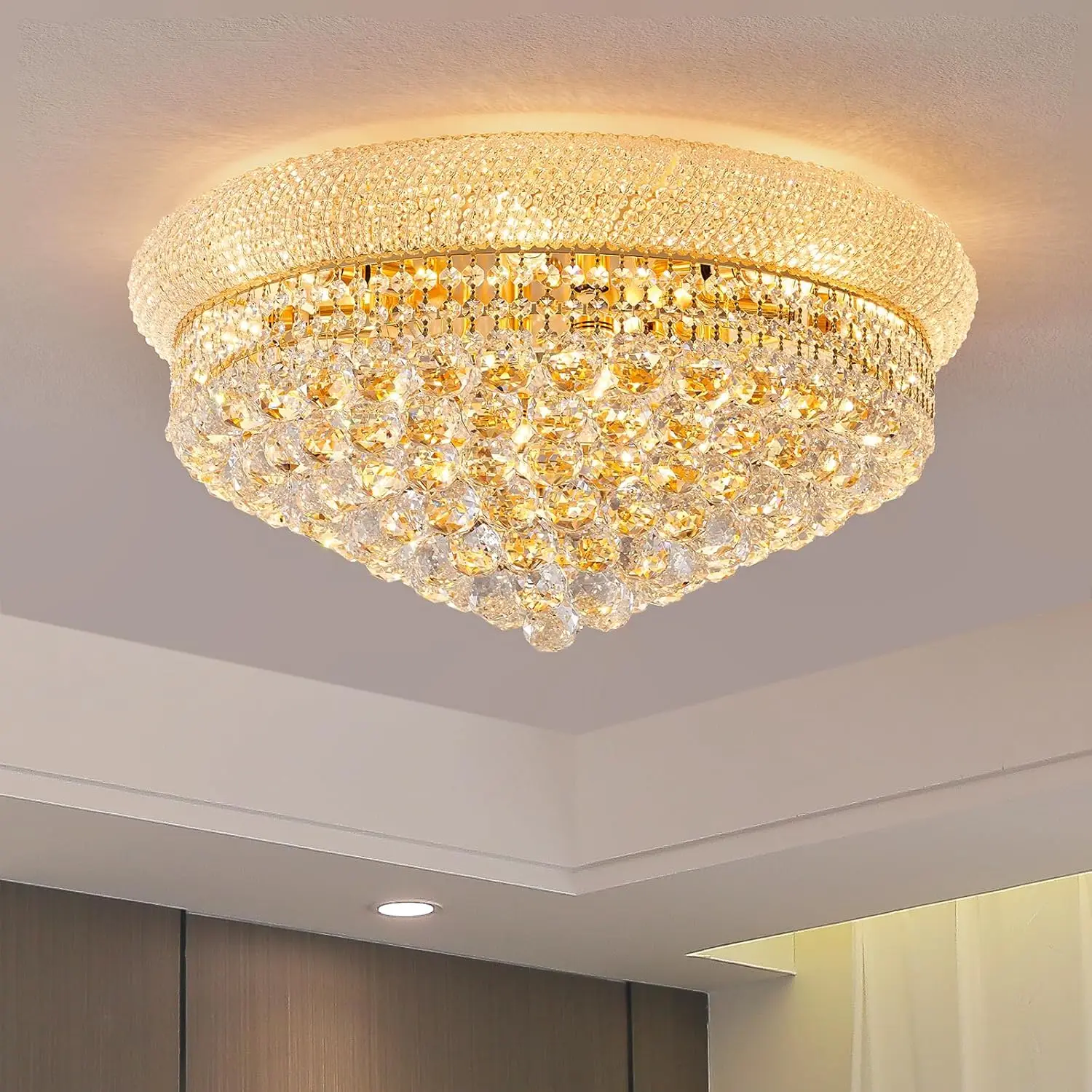 Modern Crystal Chandelier Ceiling Light, Gold Empire Dimmable Flush Mount K9 Crystal Ceiling Light- hallway/bedroom/dining room