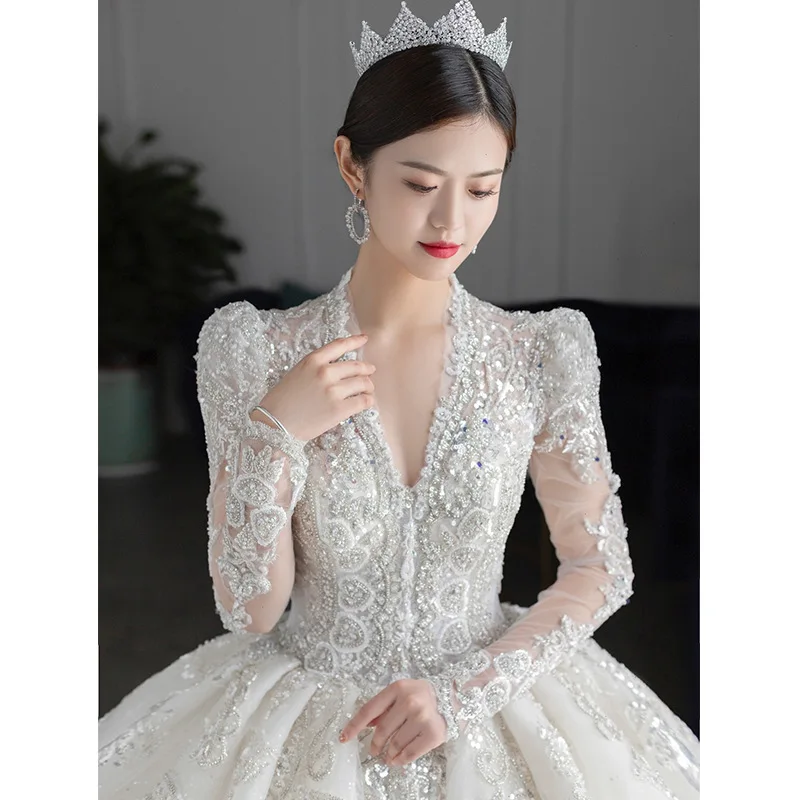 Precioso Vestido De Novia De manga larga para mujer, Vestido De Novia con apliques De lentejuelas y cuello en V, Vestido De Novia elegante