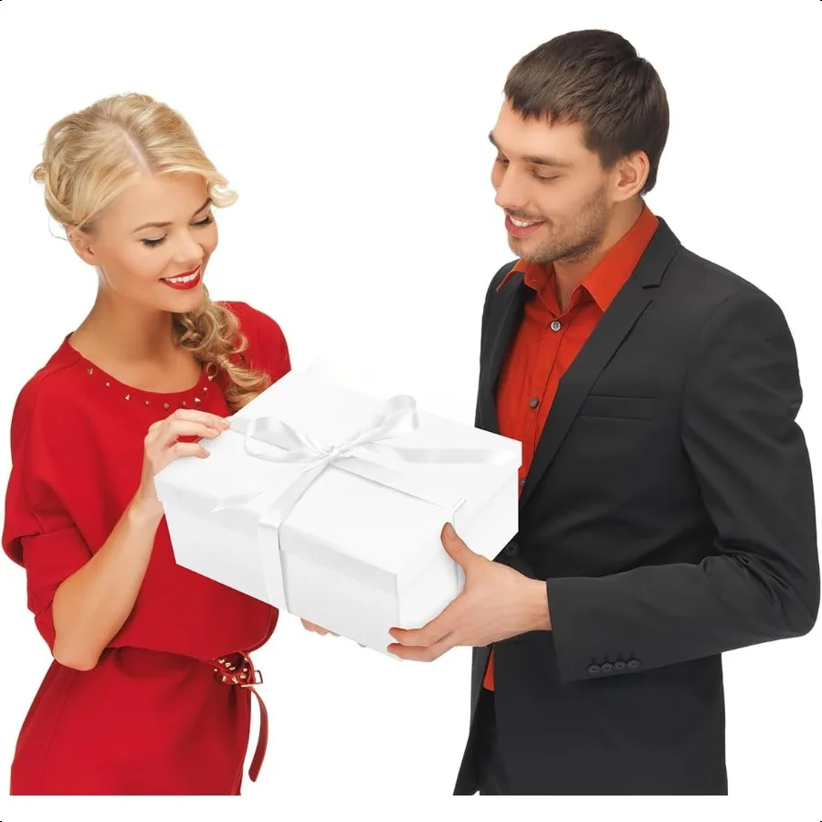 White Gift Box with Lid for Present Large Collapsible Gift Box with Filler Paper Ribbon for Birthday Anniversary 12.6x9.8x4.9