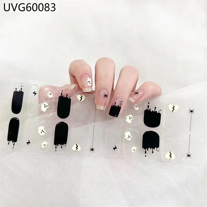 Halloween Skull Pumpkin Semi Cured Gel Nail Polish Strips Full UV/LED Lamp Wraps Fingertip Ashesive Girl Beauty Nails Sticker