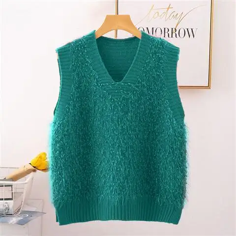 

Green RU Korean Spring Fall Fur Furry Plush V-neck Knit Sleeveless Sweater Vest Loose Coat Outcoat Lady Top Cloth for Women girl