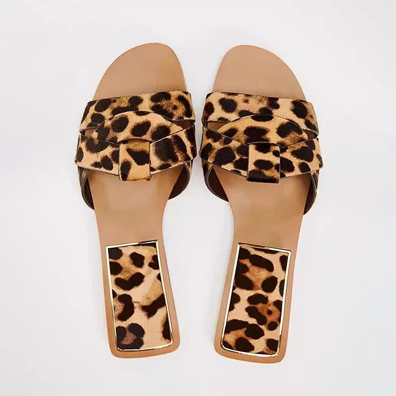 TARF Woman Leopard Flat Slippers 2024 Summer Round Head Open Toe Women Street Slipper Casual Indoor Print Shoes Elegant Sandals