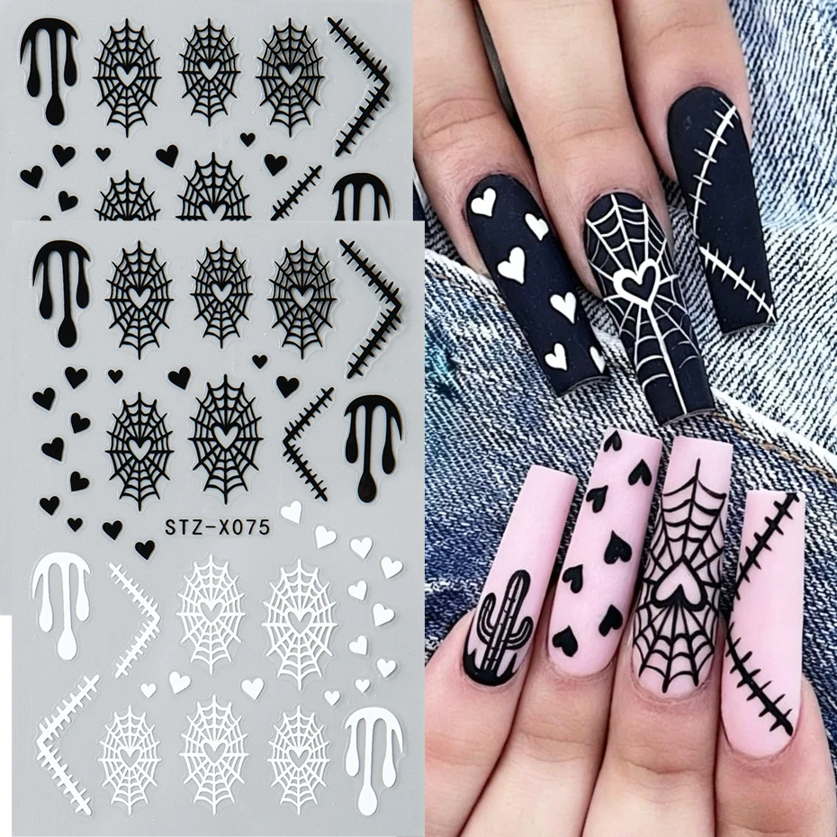 2 Stück Schwarz-Weiße Spinnennetz-Nagelaufkleber mit Herzchen, Französisches Design Nagelkunst-Sticker für Halloween-Nageldekoration