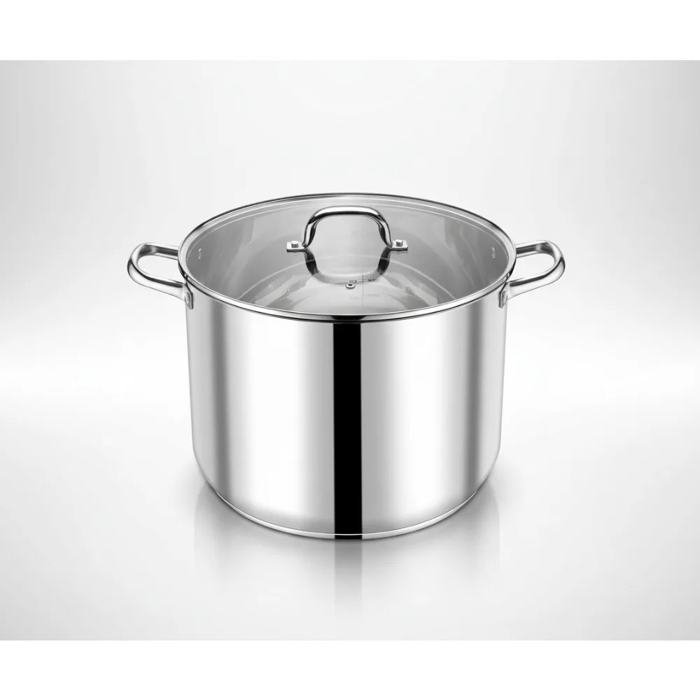 

24QT Stainless Steel Stock Pot with Glass Lid, Tri-Ply Bottom for All Stoves, Large Cooking Pot for Family & Professional Chefs