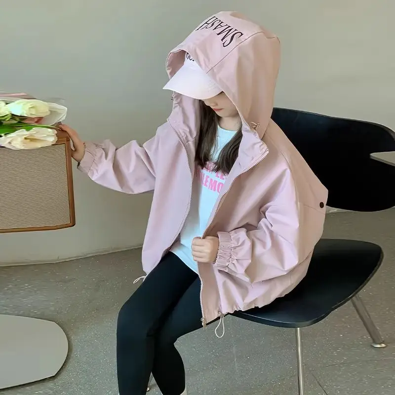 2026 Frühling Herbst Kinder Mädchen Kapuzenjacke Einfarbig mit Reißverschluss Locker Lässiger Windbreaker Oberbekleidung Kinder Wasserdichter Mantel – Detail 2