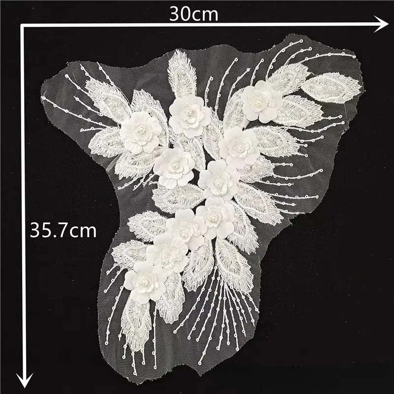 2PC Embroidery Lace Flowers Imitation Pearl Sequins Decorative Tulle Lace Collar DIY Sewing Image Color Clothing Applique Set