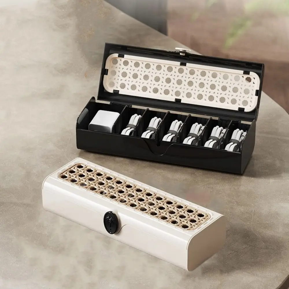 

Plastic Date Cable Storage Box Rattan Weave Style Dustproof Charging Cord Management Case with Removable Dividers