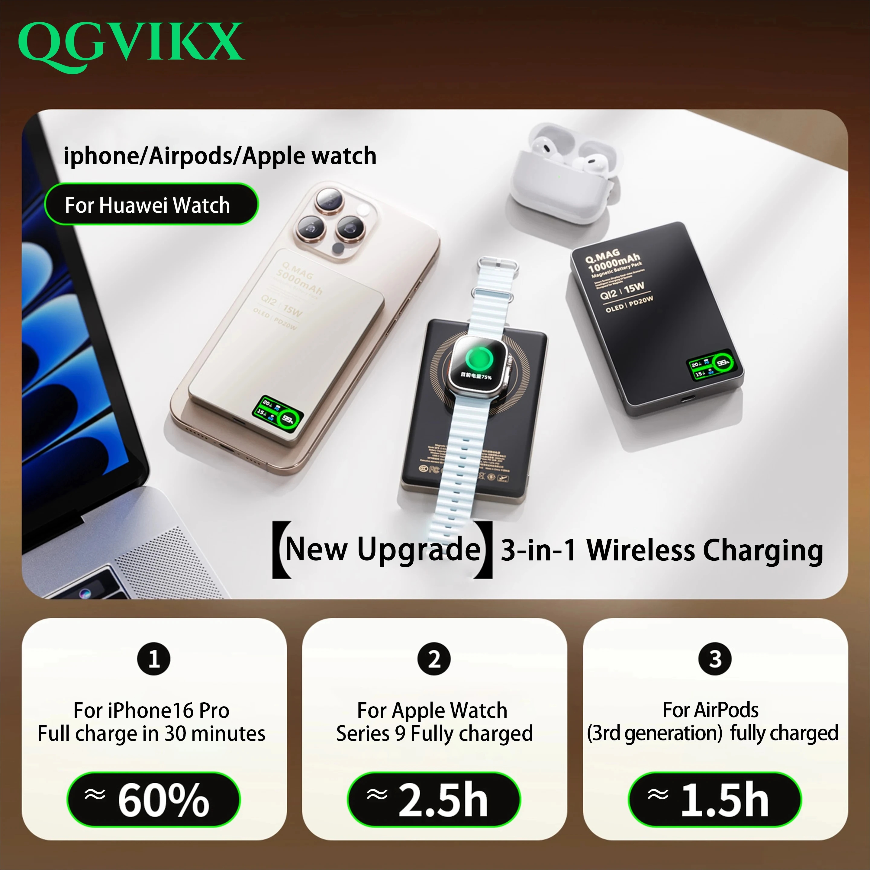 10000mAh 3 in 1 Power Bank for Magsafe Magnetic Wireless 20W Fast Charging, External Battery for IPhone 17 - 12 Airpods IWatch - Image 3