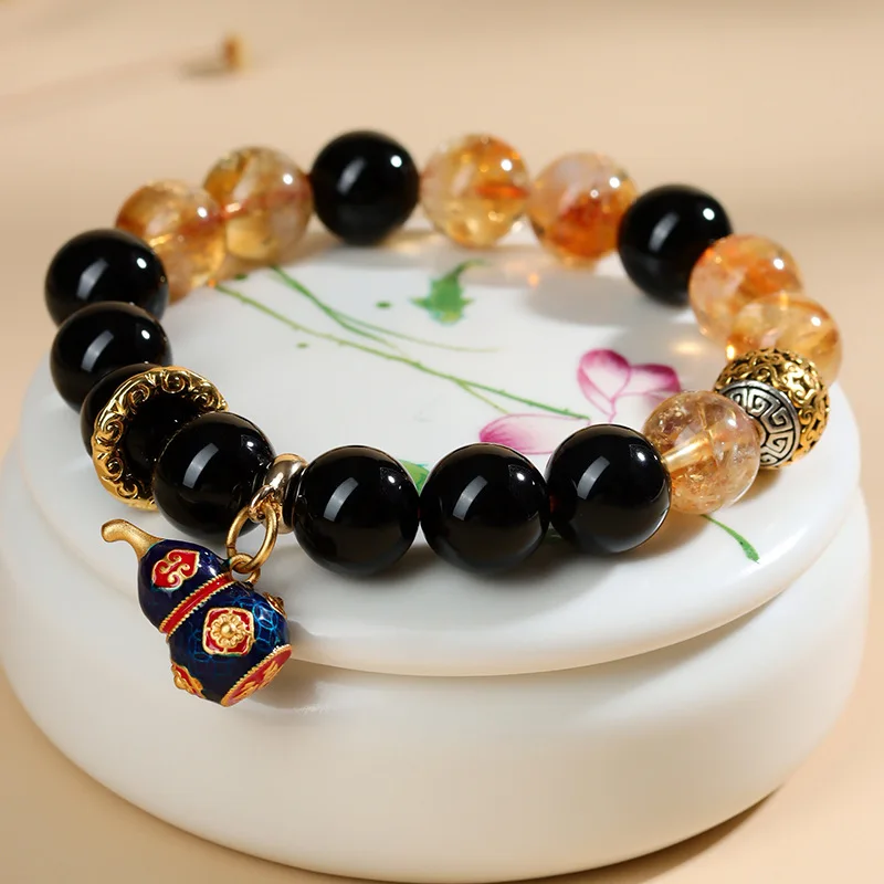 Natural crystal yellow tower crystal black agate bracelet, cloisonn é gourd, new Chinese style cultural and creative original me