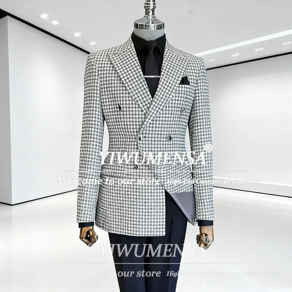 الكلاسيكية houndstooth الدعاوى الرجال 2 قطعة مجموعات مزدوجة الصدر منقوشة الأعمال الحلل مخصص رجل الذكية السببية مساء البدلات الرسمية