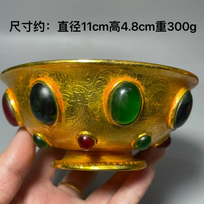 

Antique Gilt Collectible Ornament Gilt Bowl Gemstone Bowl Qianlong Relief Inlaid Craft Fortune-Attracting Antique Treasure Colle