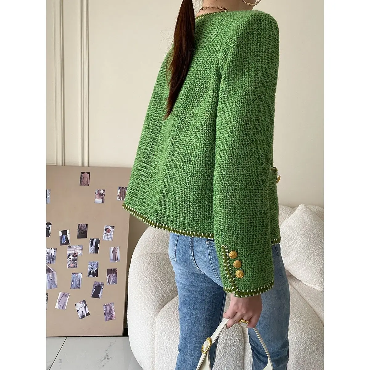 Jaqueta de Tweed cortada feminina, casaco verde com botões, estética elegante e chique, tendência curta, moda coreana, inverno, outono, 2024