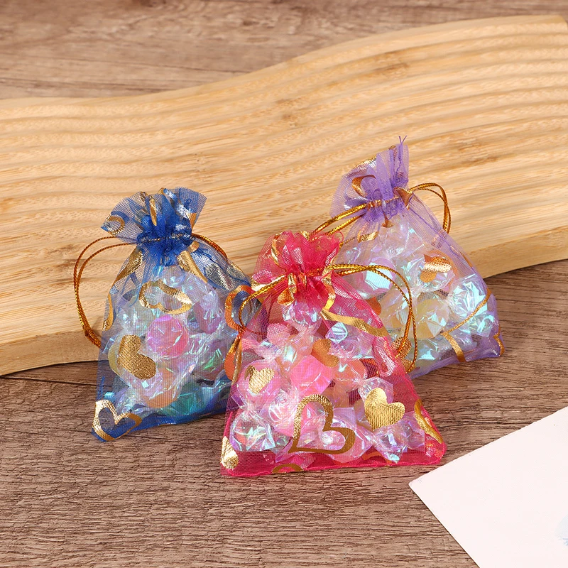 10Pcs 7*9CM Hearts Design Organza Gift Bags Drawable Wedding Party Decoration Gift Bags Pouches Jewelry Candy Packaging Bags