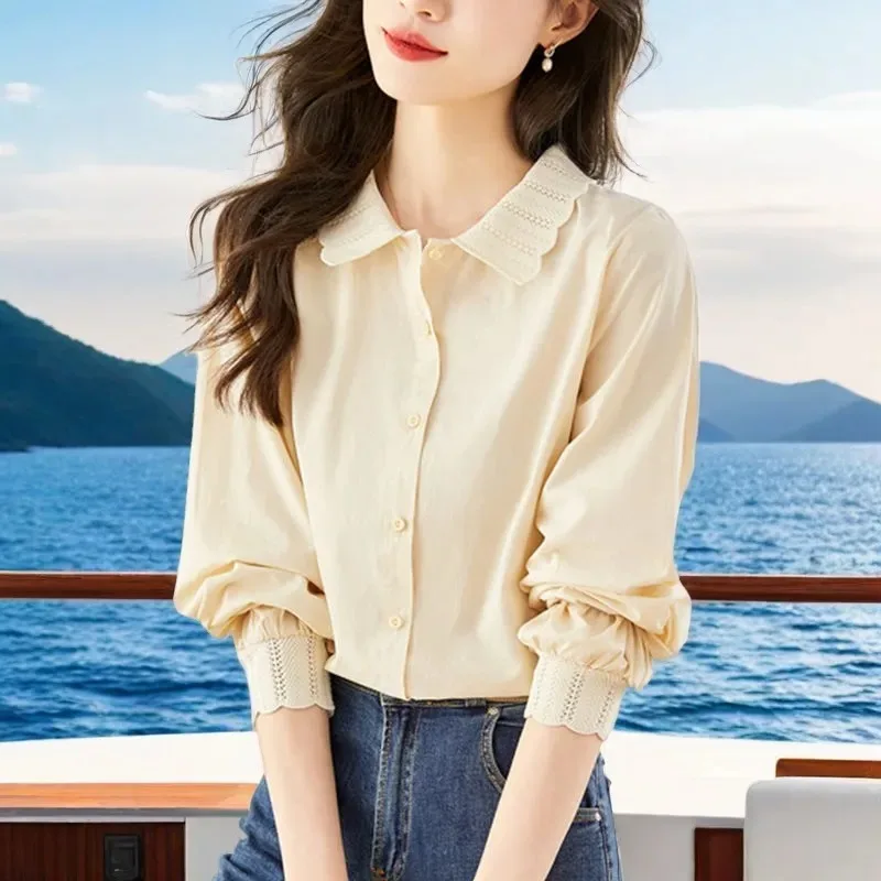 

French Style Solid Beige Shirt for Women Hollow Out Lace Collar Puff Long Sleeve Blouse Elegant Casual Top