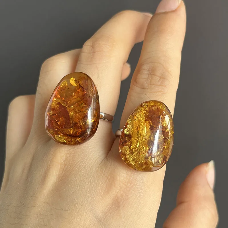 Real Amber Rings for Women S925 Silver Souvenir Gift Adjustable Irregular Stylish New Unique Opening Natural Jewelry Anillos