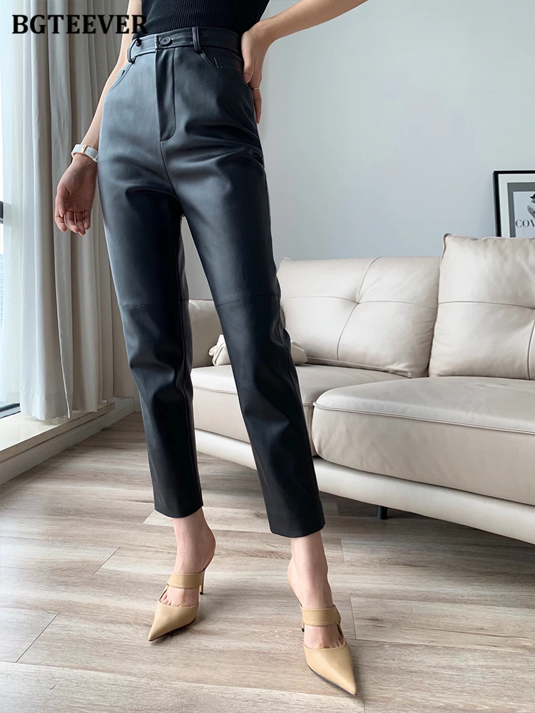 BGTEEVER Fashion Loose Pockets Women PU Leather Trousers High Waist Single Button Ladies Straight Pants Spring Autumn